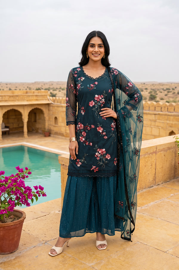 Teal Embroidered Straight Mesh Kurta With Culottes and Dupatta Set