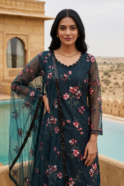 Teal Embroidered Straight Mesh Kurta With Culottes and Dupatta Set