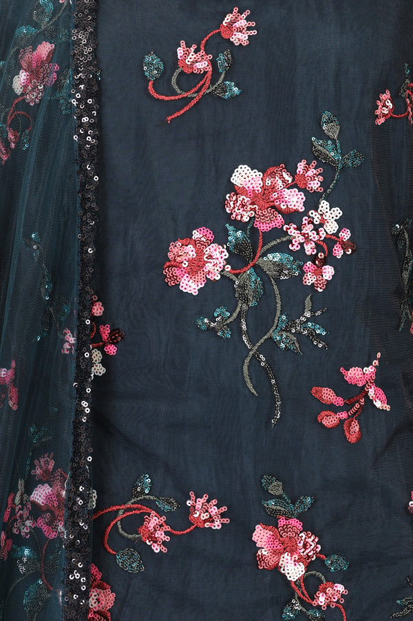 Teal Embroidered Straight Mesh Kurta With Culottes and Dupatta Set