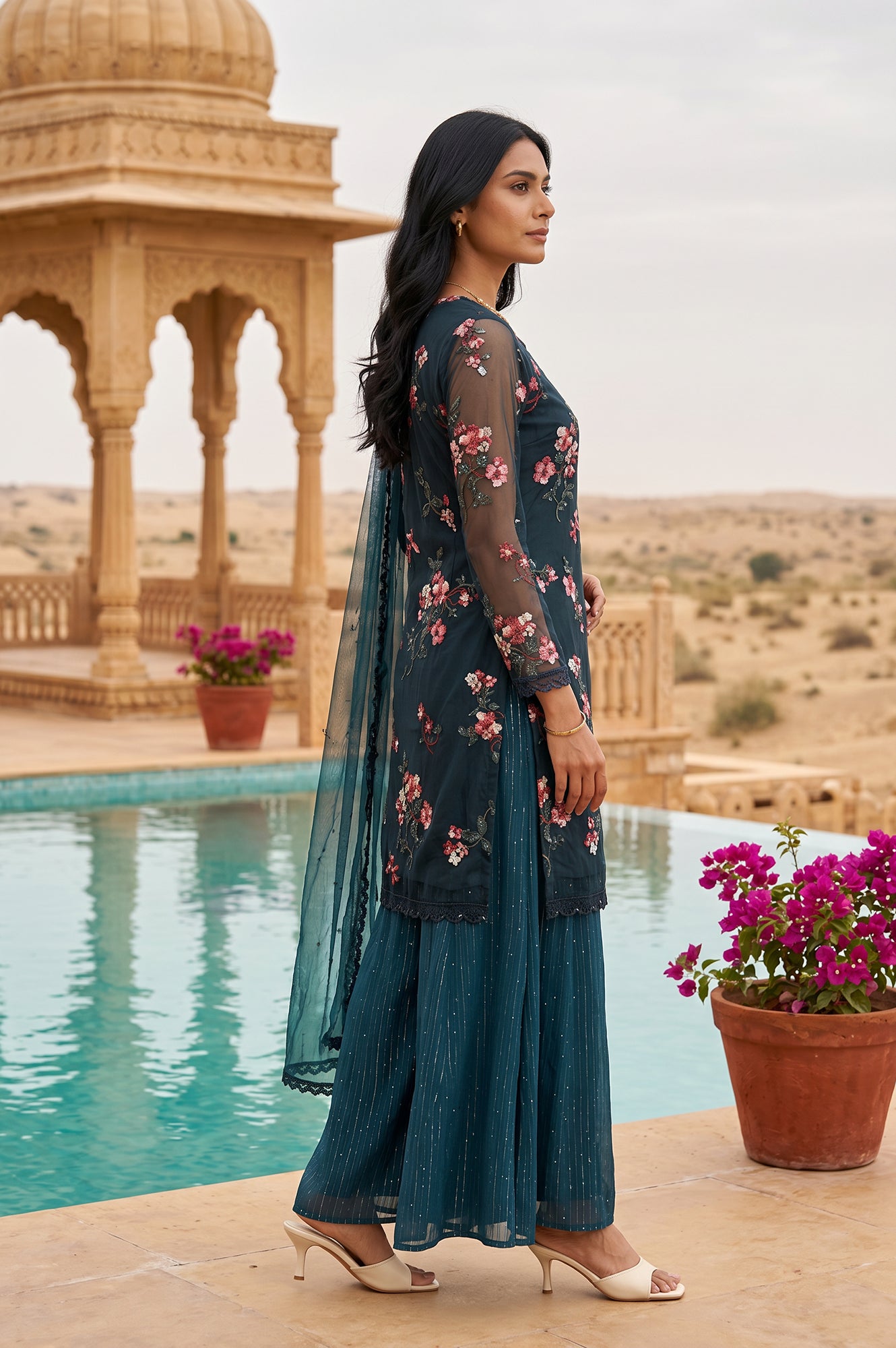 Teal Embroidered Straight Mesh Kurta With Culottes and Dupatta Set