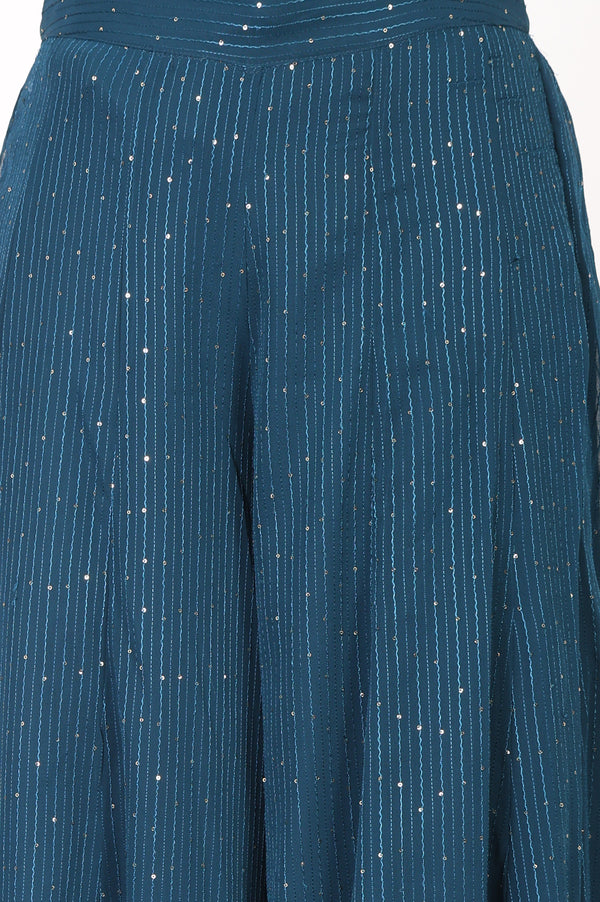 Teal Embroidered Straight Mesh Kurta With Culottes and Dupatta Set