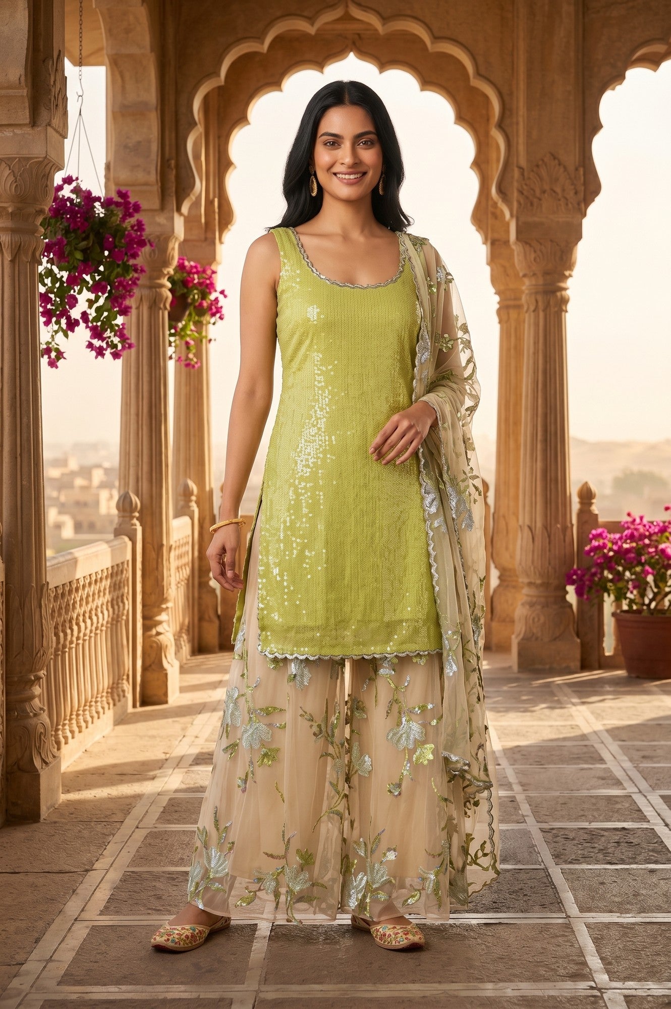 Lime Green Embellished Sleeveless Straight Kurta with Culottess and Dupatta Set