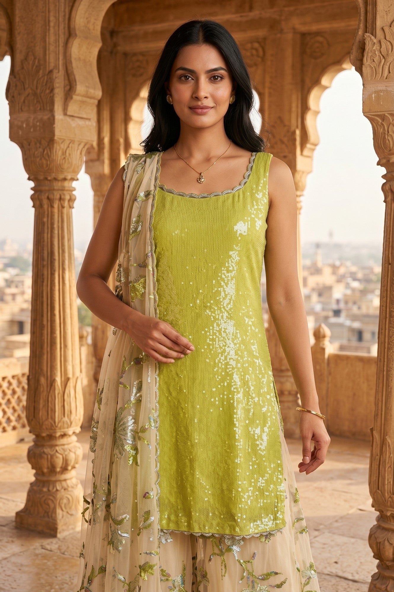 Lime Green Embellished Sleeveless Straight Kurta with Culottess and Dupatta Set