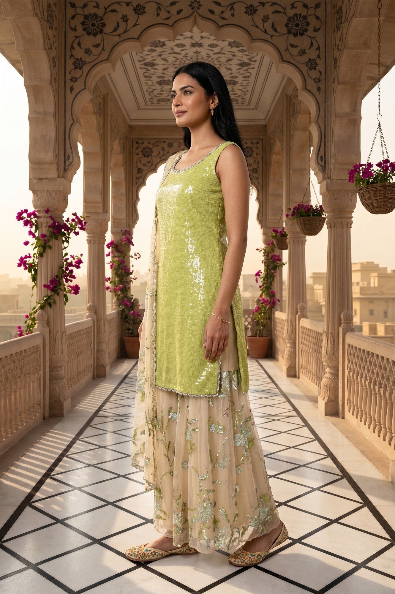Lime Green Embellished Sleeveless Straight Kurta with Culottess and Dupatta Set