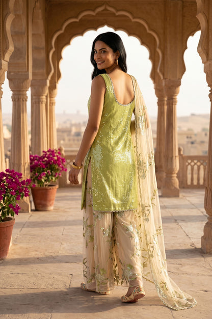 Lime Green Embellished Sleeveless Straight Kurta with Culottess and Dupatta Set