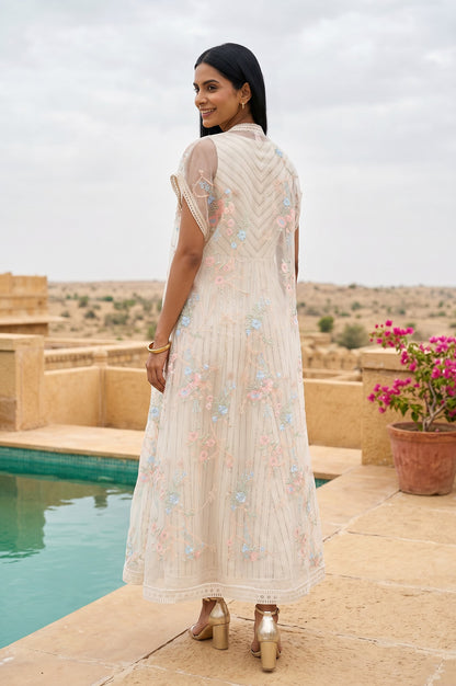 Off White Embroidered Organza Flared Dress and Cape Set