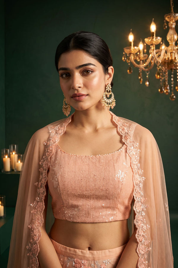Peach Sequins Embroidered Sleeveless Blouse with Skirt and Cape Set