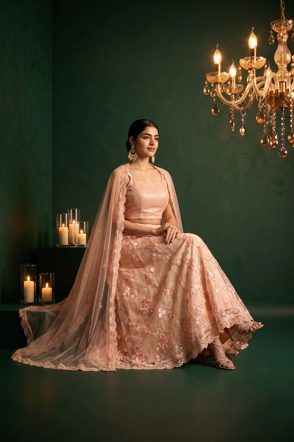 Peach Sequins Embroidered Sleeveless Blouse with Skirt and Cape Set