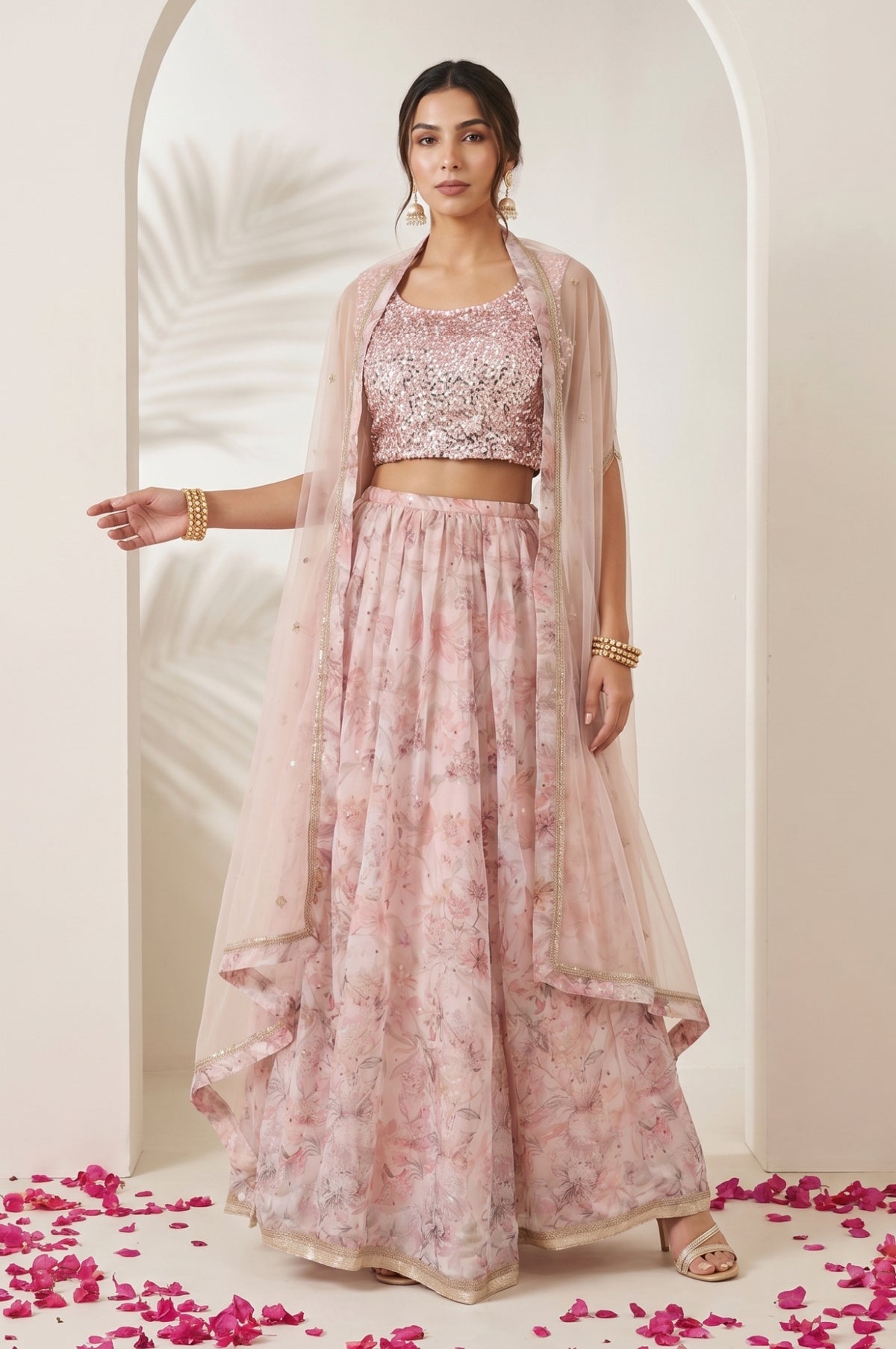 Pink Sequin Sleeveless Blouse And Lehenga Set with Cape - S