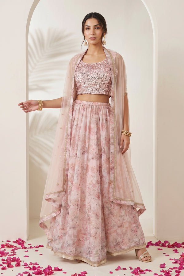 Pink Sequin Sleeveless Blouse And Lehenga Set with Cape