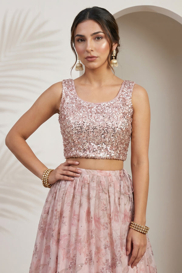 Pink Sequin Sleeveless Blouse And Lehenga Set with Cape