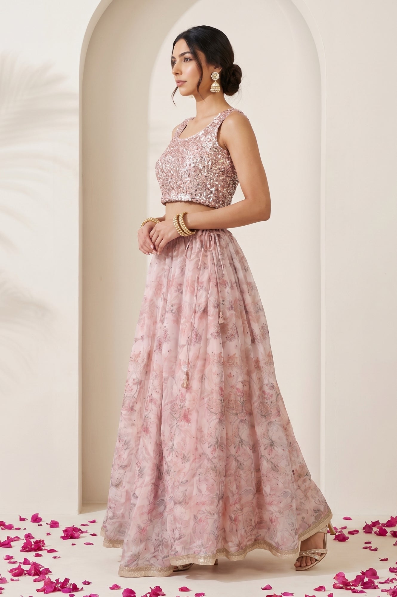 Pink Sequin Sleeveless Blouse And Lehenga Set with Cape