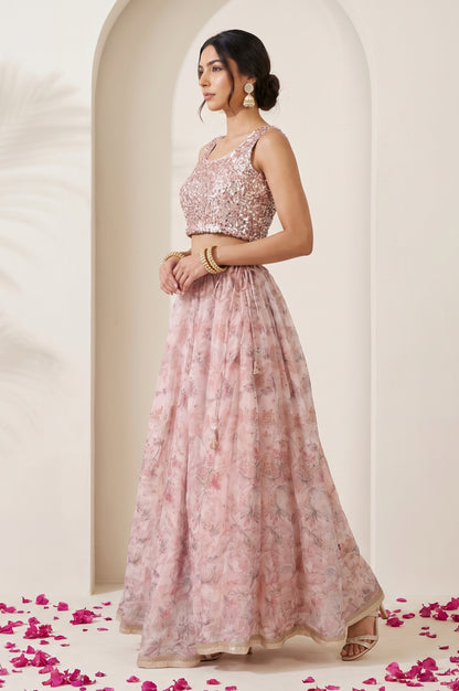 Pink Sequin Sleeveless Blouse And Lehenga Set with Cape