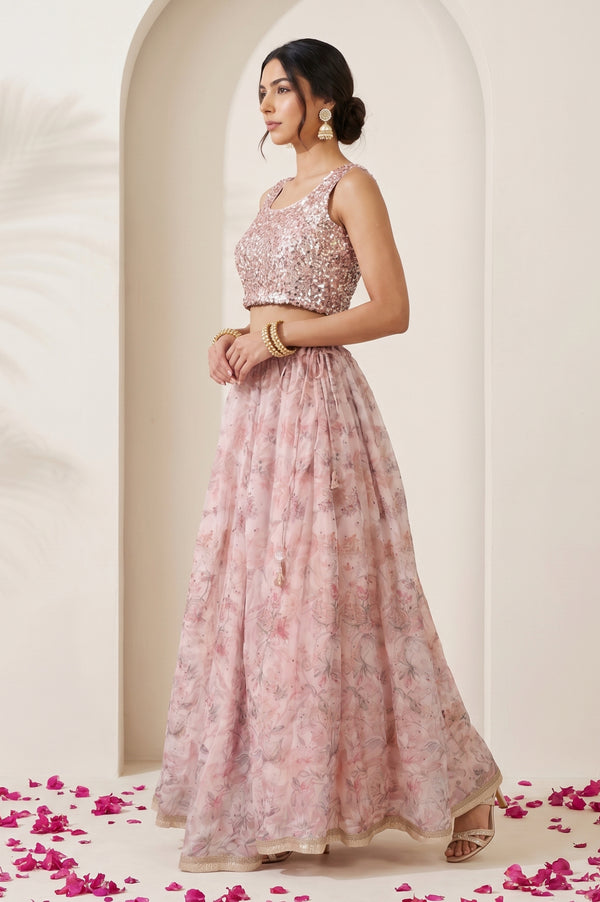 Pink Sequin Sleeveless Blouse And Lehenga Set with Cape