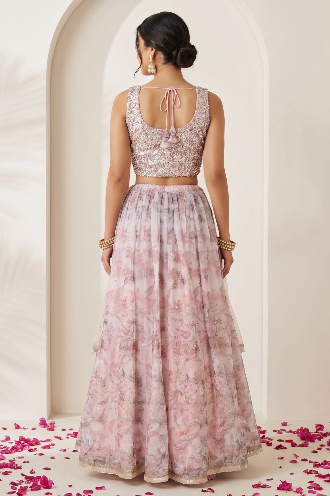 Pink Sequin Sleeveless Blouse And Lehenga Set with Cape