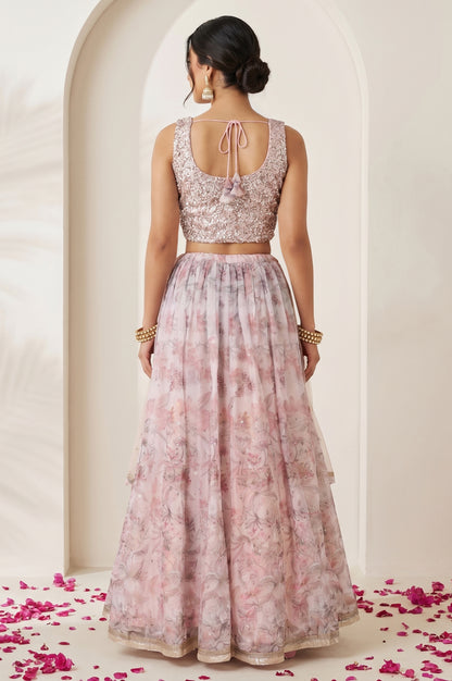 Pink Sequin Sleeveless Blouse And Lehenga Set with Cape