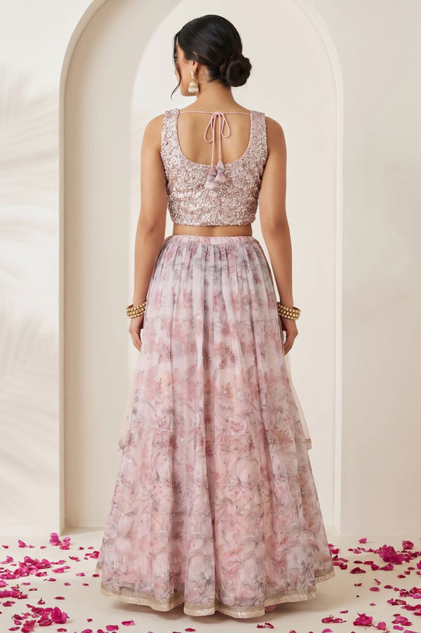 Pink Sequin Sleeveless Blouse And Lehenga Set with Cape