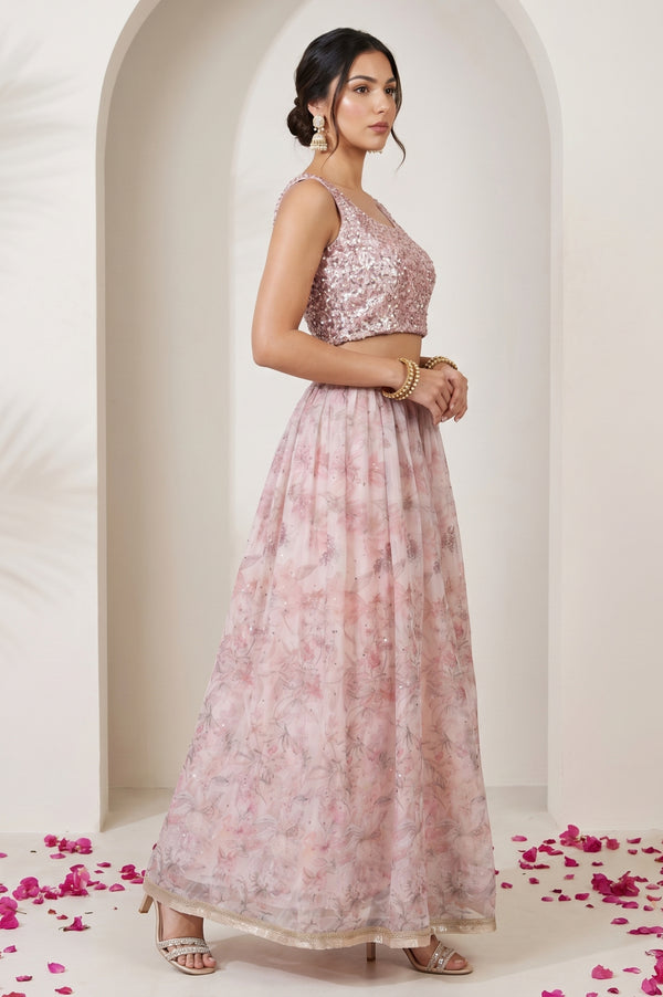 Pink Sequin Sleeveless Blouse And Lehenga Set with Cape