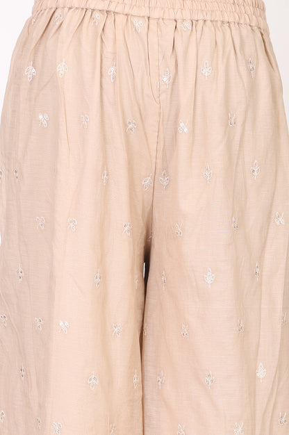 Beige Embroidered Organza Straight Kurta With Parallel Pants and Dupatta Set