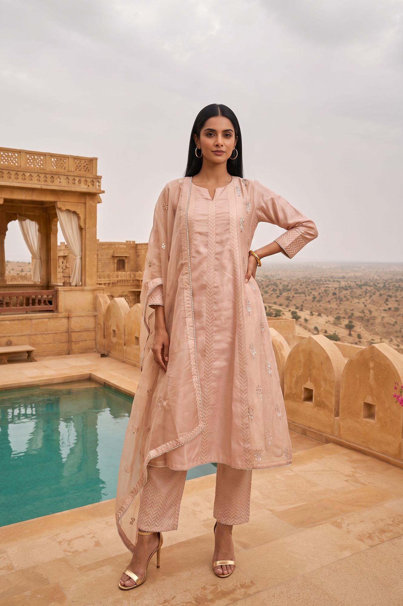 Wishful Peach Yarn Dyed Embroidered Chanderi Straight Kurta with Straight Pants and Dupatta Set