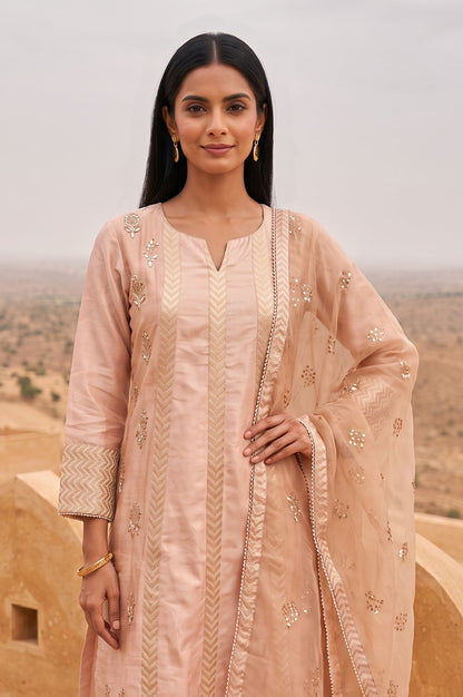 Wishful Peach Yarn Dyed Embroidered Chanderi Straight Kurta with Straight Pants and Dupatta Set
