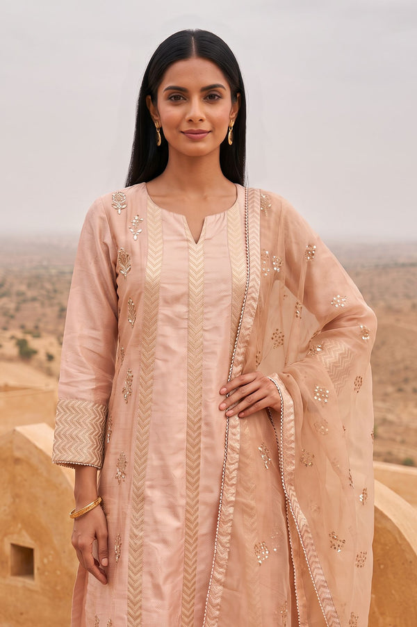 Wishful Peach Yarn Dyed Embroidered Chanderi Straight Kurta with Straight Pants and Dupatta Set