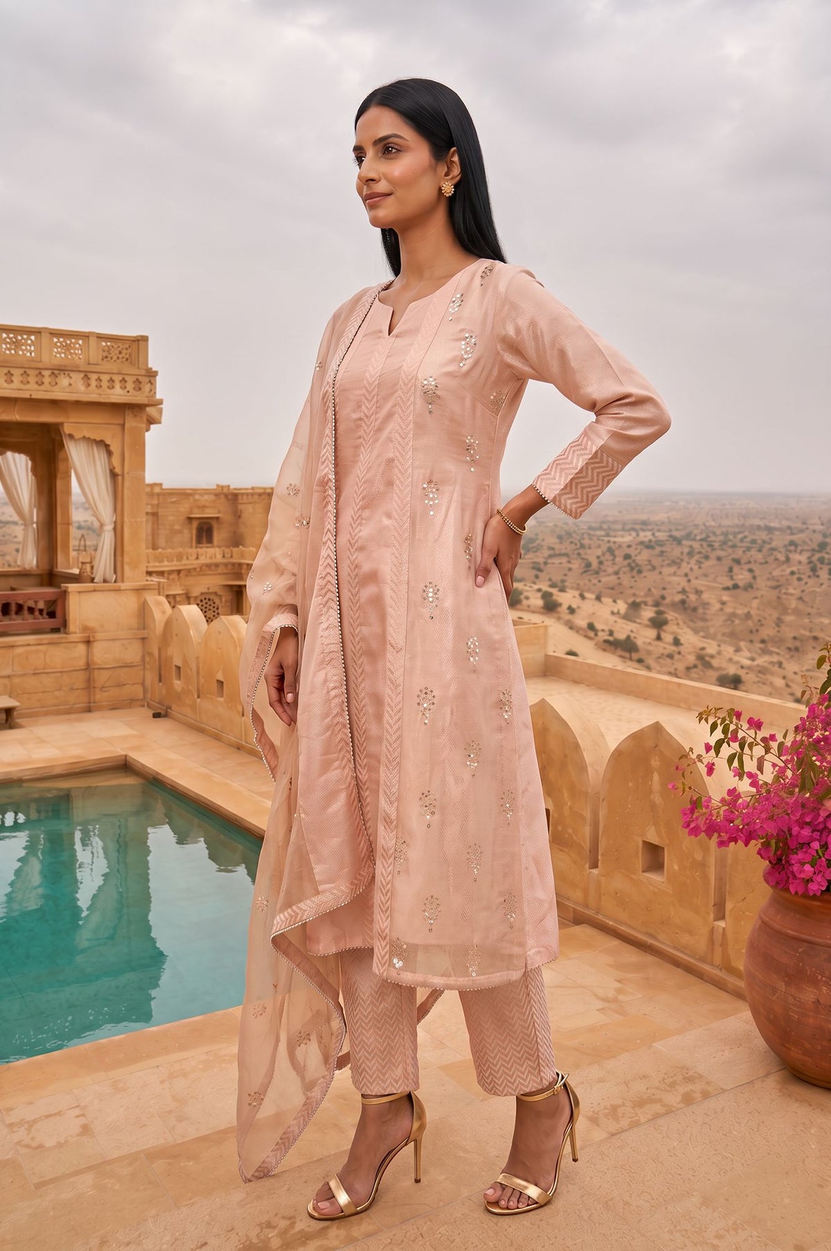 Wishful Peach Yarn Dyed Embroidered Chanderi Straight Kurta with Straight Pants and Dupatta Set
