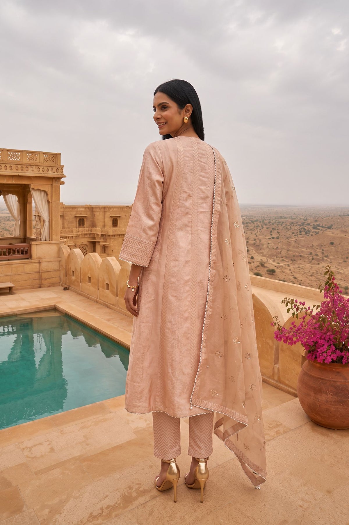 Wishful Peach Yarn Dyed Embroidered Chanderi Straight Kurta with Straight Pants and Dupatta Set