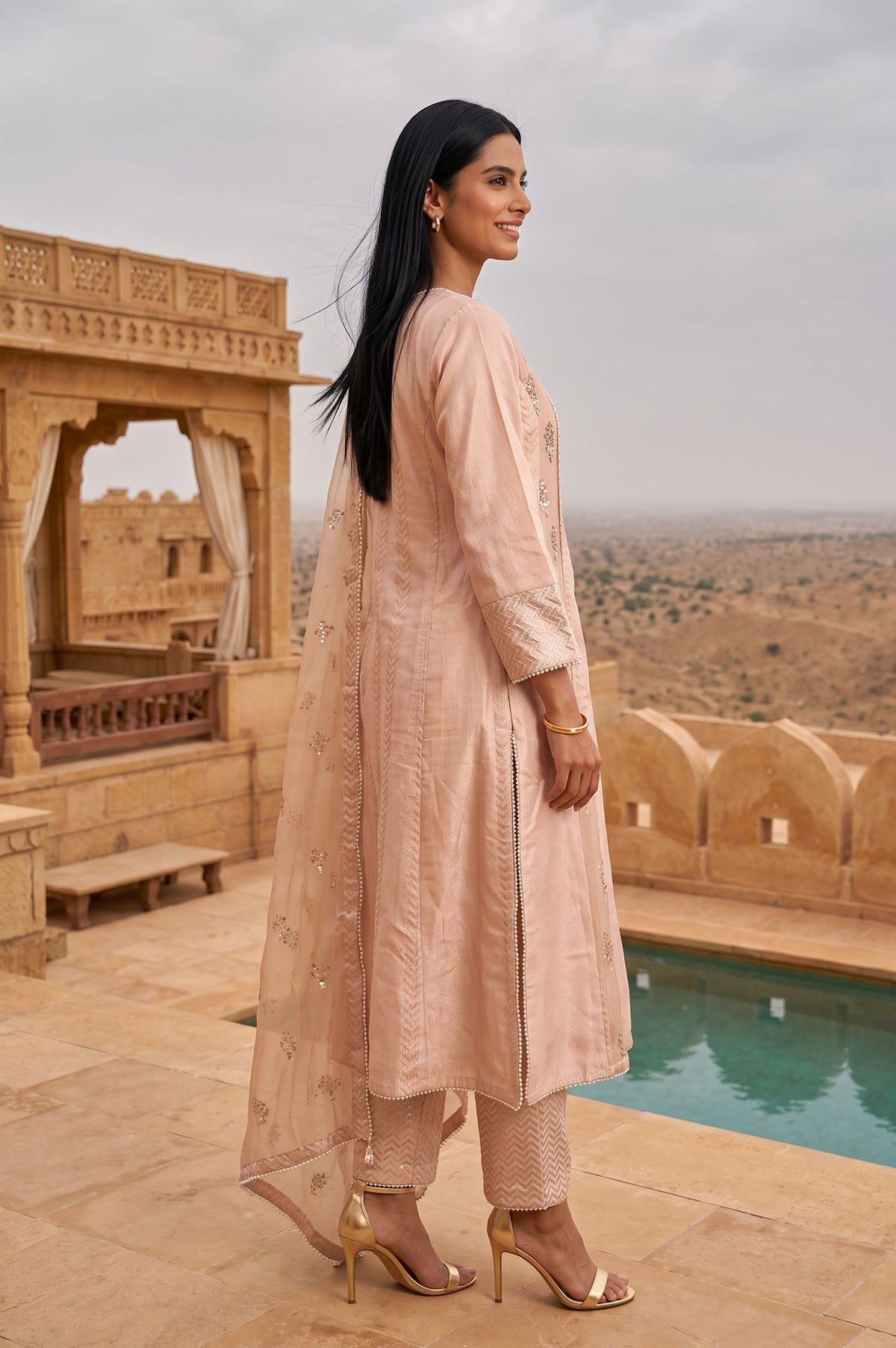 Wishful Peach Yarn Dyed Embroidered Chanderi Straight Kurta with Straight Pants and Dupatta Set