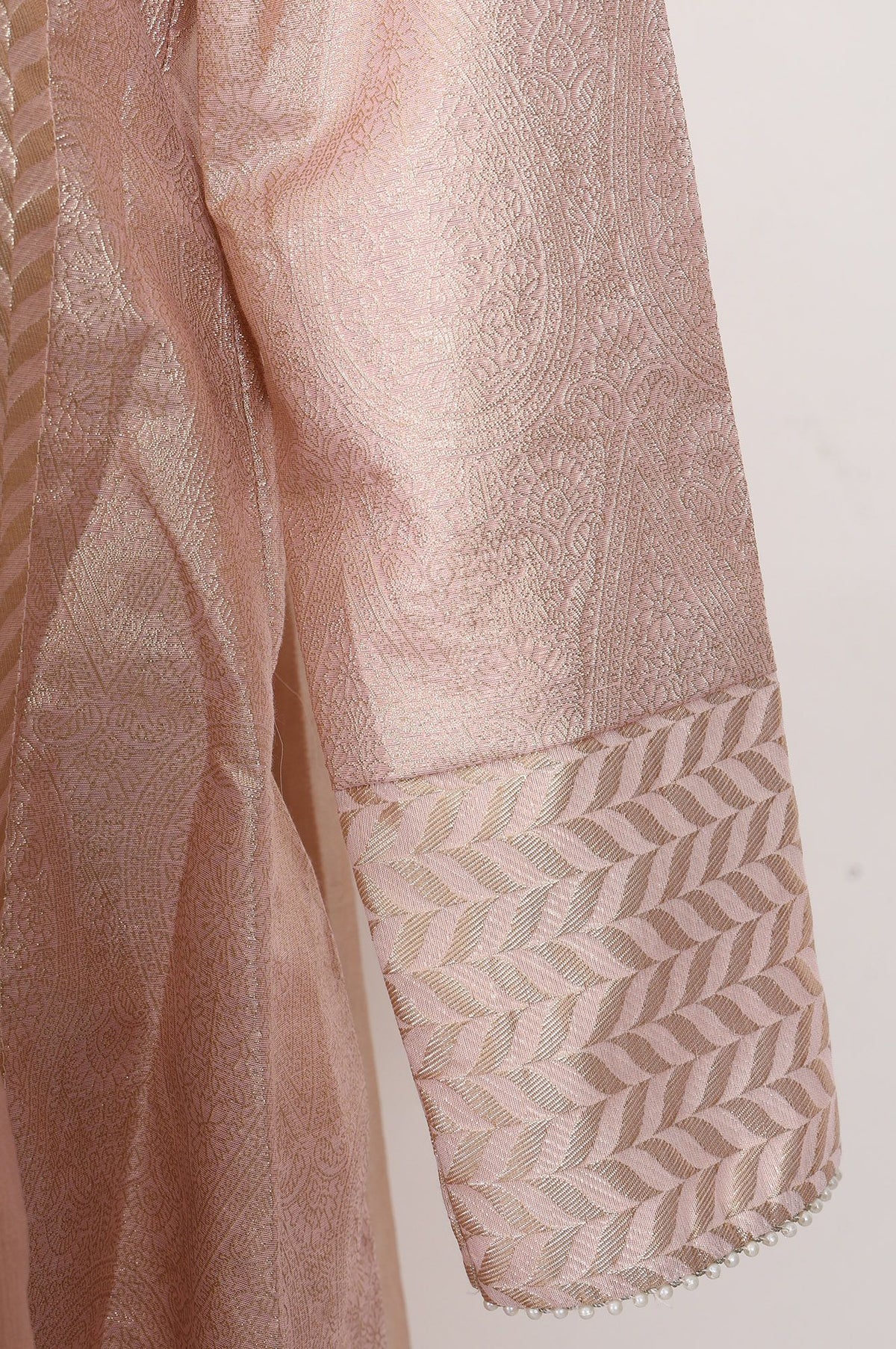 Wishful Peach Yarn Dyed Embroidered Chanderi Straight Kurta with Straight Pants and Dupatta Set