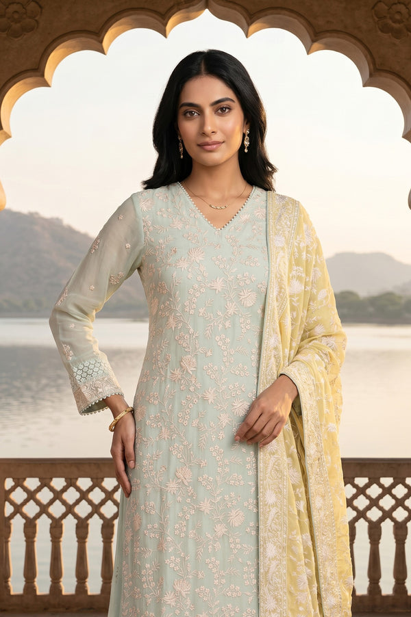Mint Green Embroidered Straight Organza Kurta With Palazzo And Dupatta Set