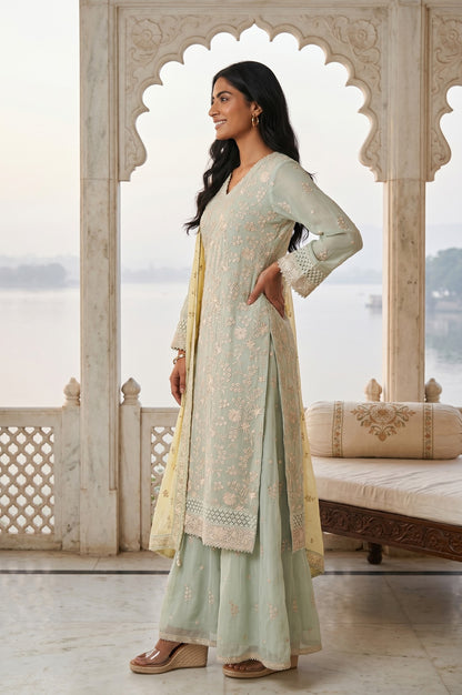 Mint Green Embroidered Straight Organza Kurta With Palazzo And Dupatta Set