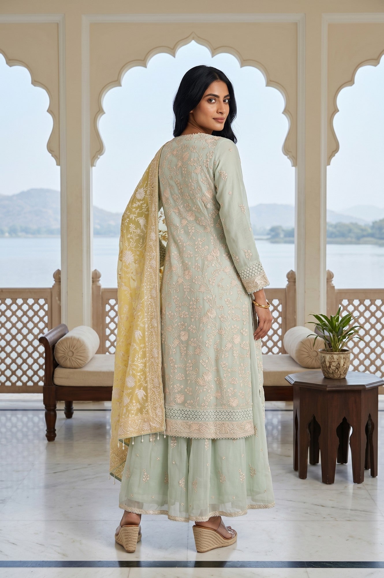 Mint Green Embroidered Straight Organza Kurta With Palazzo And Dupatta Set