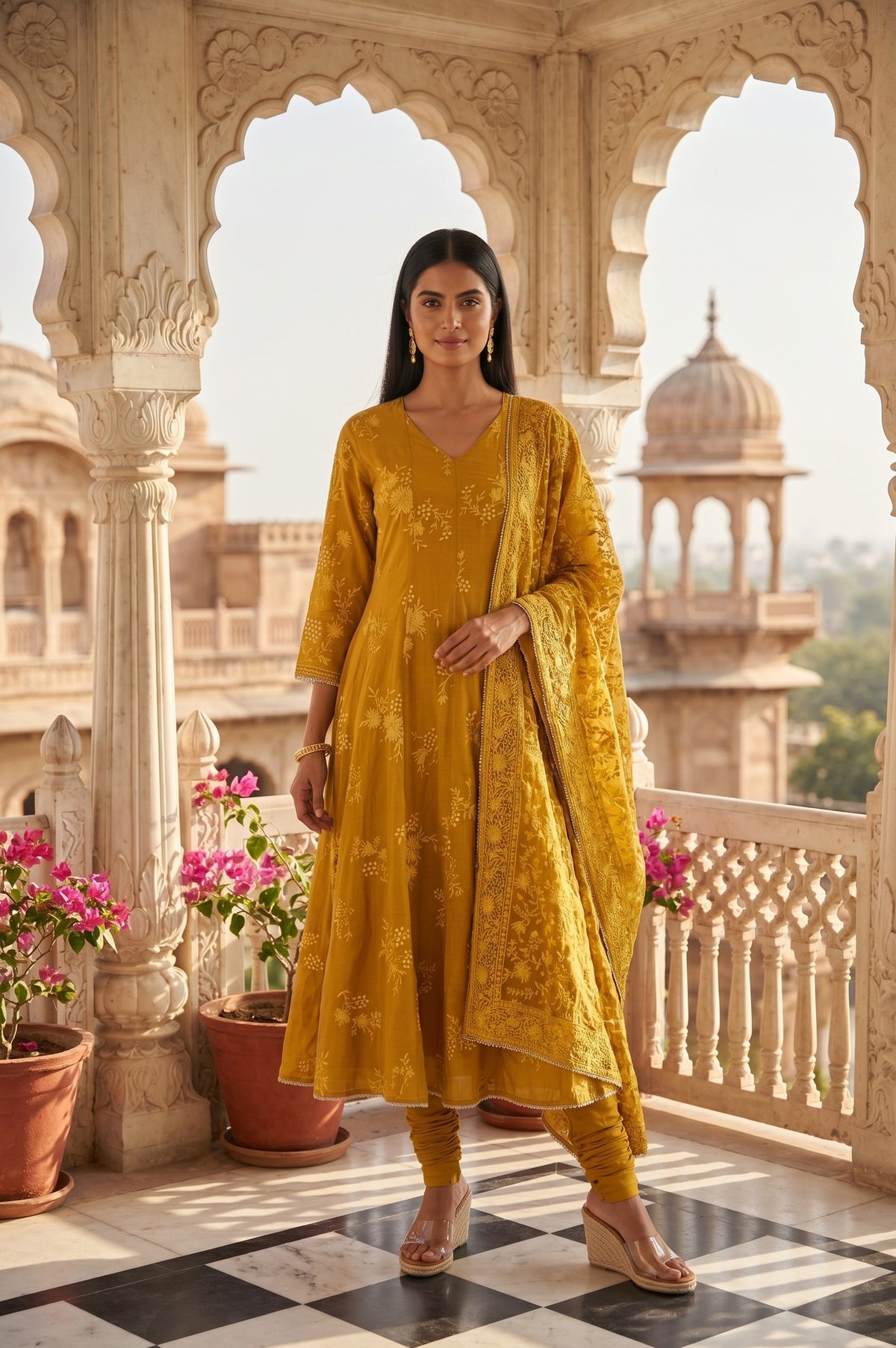 Mustard Thread Embroidered Cotton Chanderi Anarkali Kurta With Churidar And Dupatta Set - S