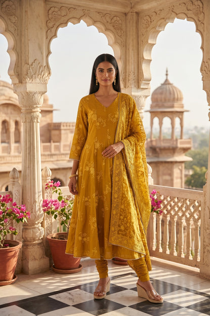 Mustard Thread Embroidered Cotton Chanderi Anarkali Kurta With Churidar And Dupatta Set