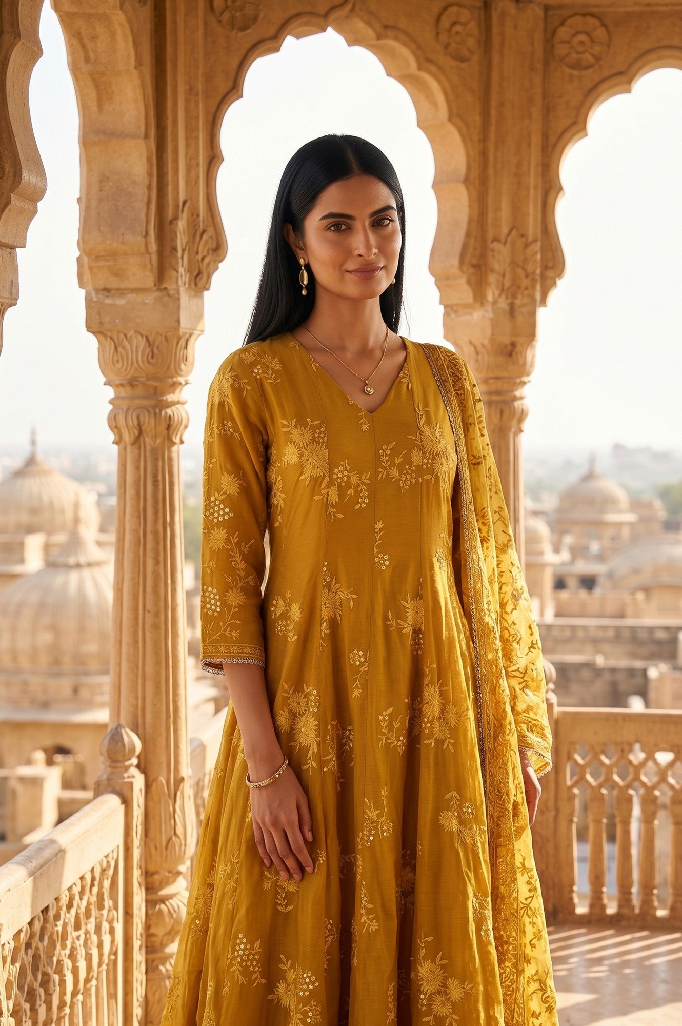 Mustard Thread Embroidered Cotton Chanderi Anarkali Kurta With Churidar And Dupatta Set