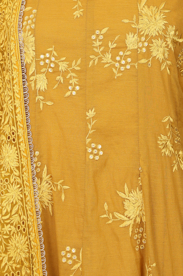 Mustard Thread Embroidered Cotton Chanderi Anarkali Kurta With Churidar And Dupatta Set