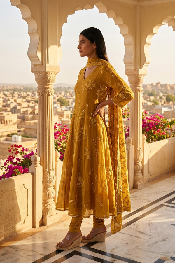 Mustard Thread Embroidered Cotton Chanderi Anarkali Kurta With Churidar And Dupatta Set