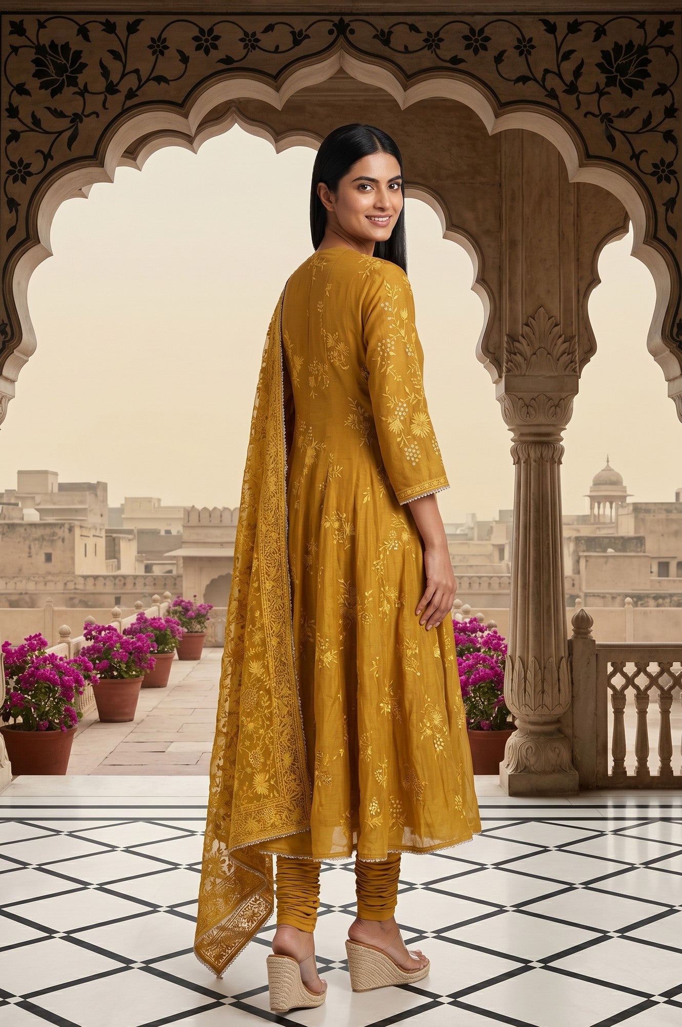 Mustard Thread Embroidered Cotton Chanderi Anarkali Kurta With Churidar And Dupatta Set