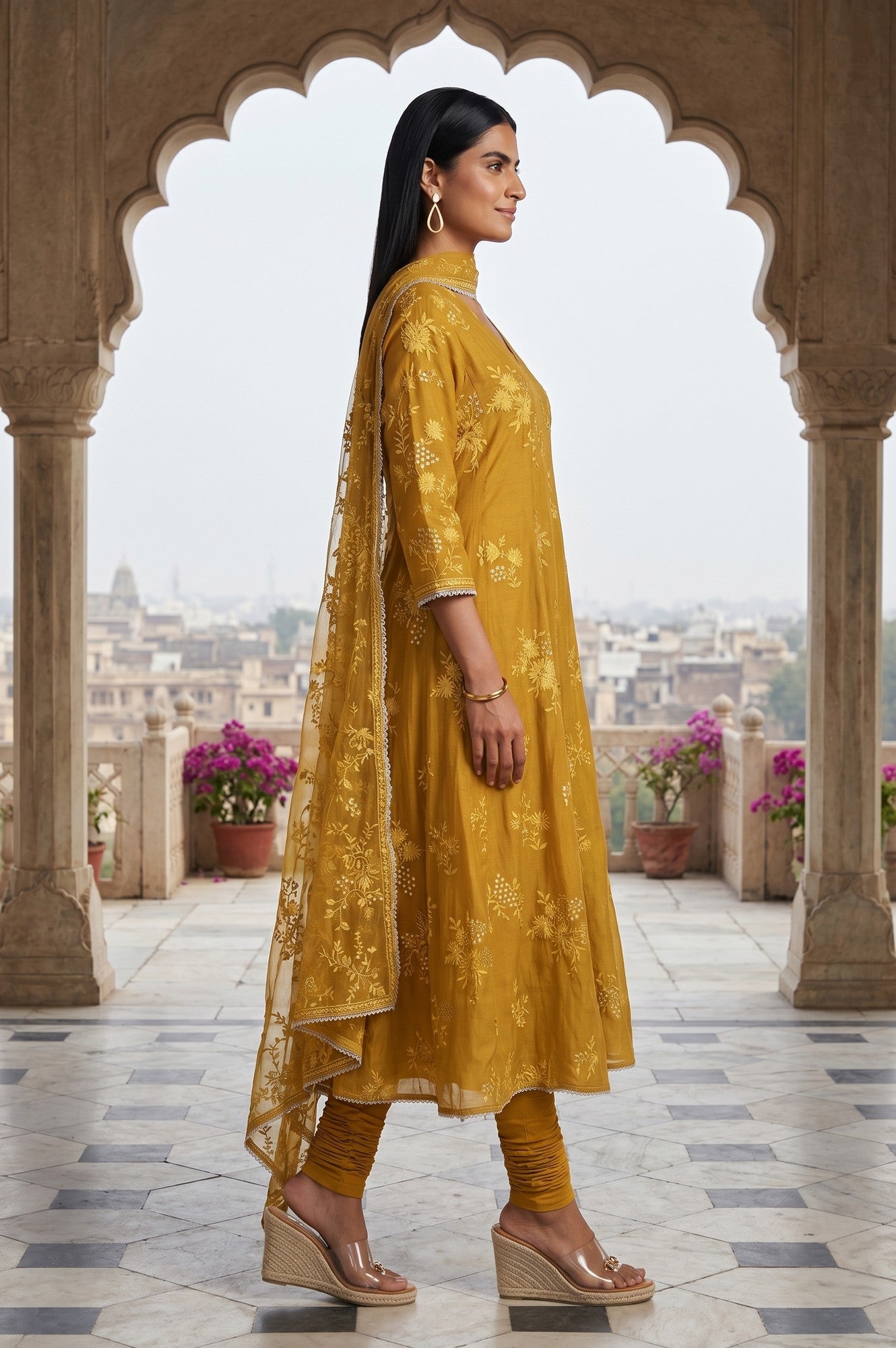 Mustard Thread Embroidered Cotton Chanderi Anarkali Kurta With Churidar And Dupatta Set