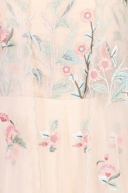 Light Beige Floral Printed Embroidered Organza A-line Western Dress