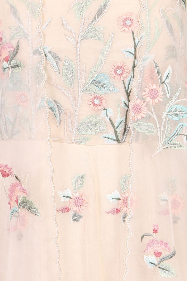 Light Beige Floral Printed Embroidered Organza A-line Western Dress