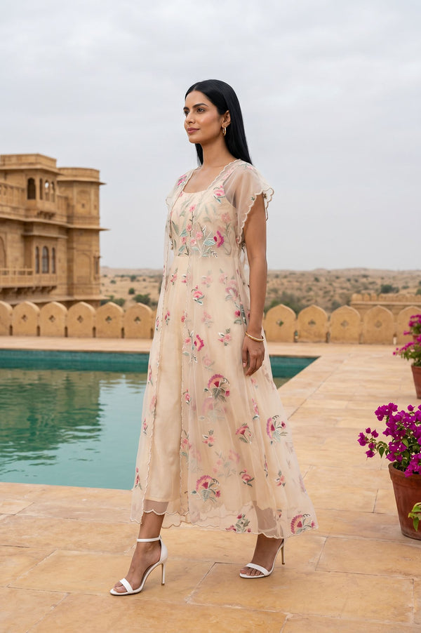 Light Beige Floral Printed Embroidered Organza A-line Western Dress