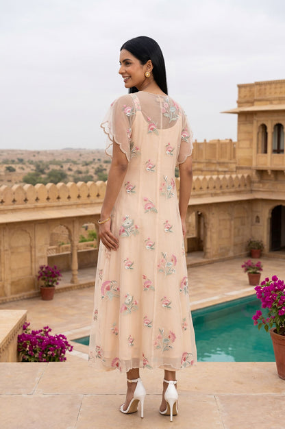 Light Beige Floral Printed Embroidered Organza A-line Western Dress
