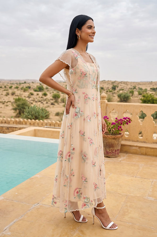 Light Beige Floral Printed Embroidered Organza A-line Western Dress