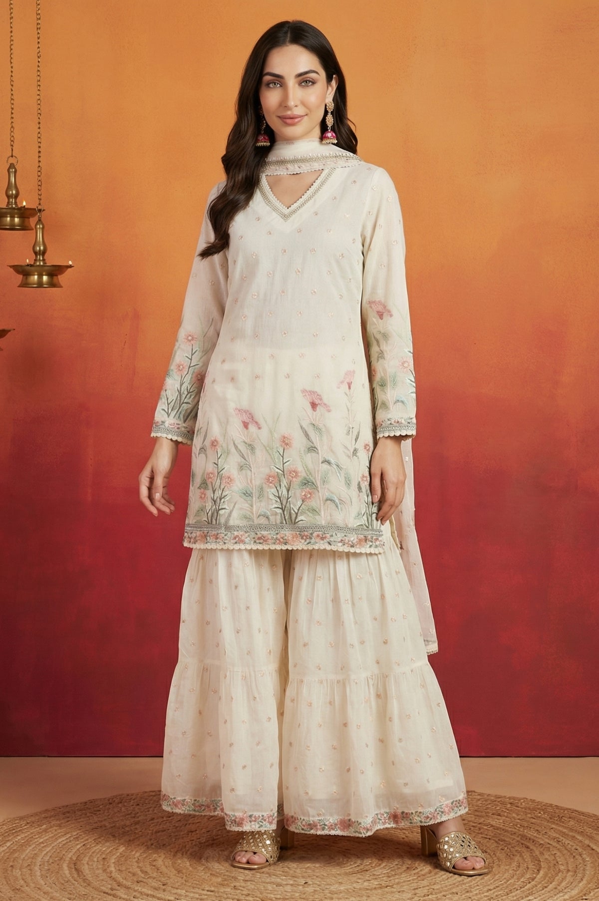 Off White Thread Embroidered Chanderi Straight Kurta with Sharara and Dupatta Set - S