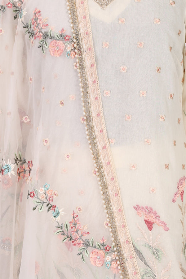 Off White Thread Embroidered Chanderi Straight Kurta sharara set for women