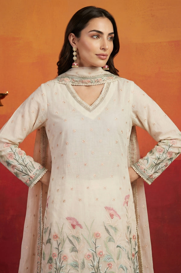 Off White Thread Embroidered Chanderi Straight Kurta sharara set for women