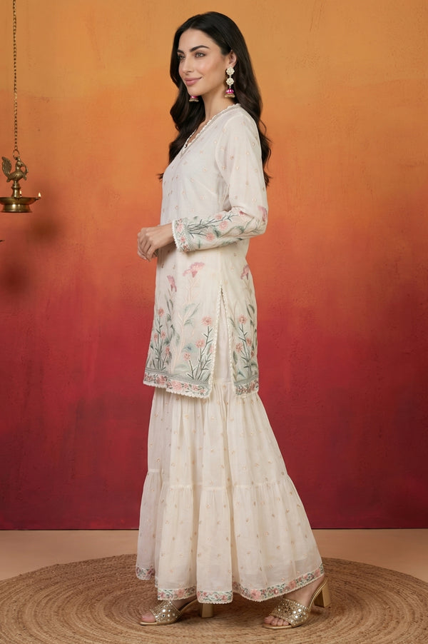 Off White Thread Embroidered Chanderi Straight Kurta sharara set for women