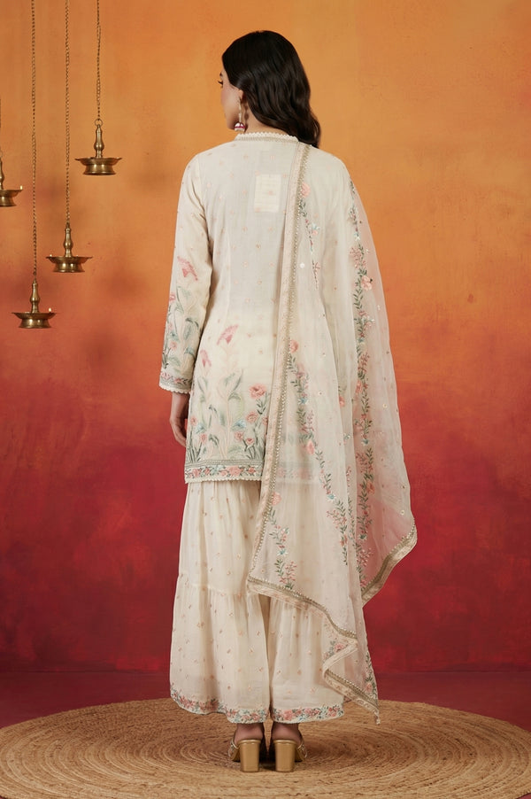 Off White Thread Embroidered Chanderi Straight Kurta sharara set for women